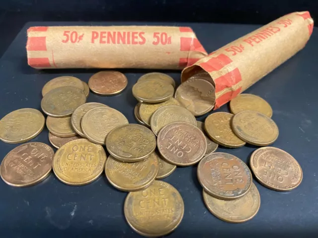 2 Unsearched Wheat Penny Rolls - 100 Random Lincoln Cents all Pre-1958