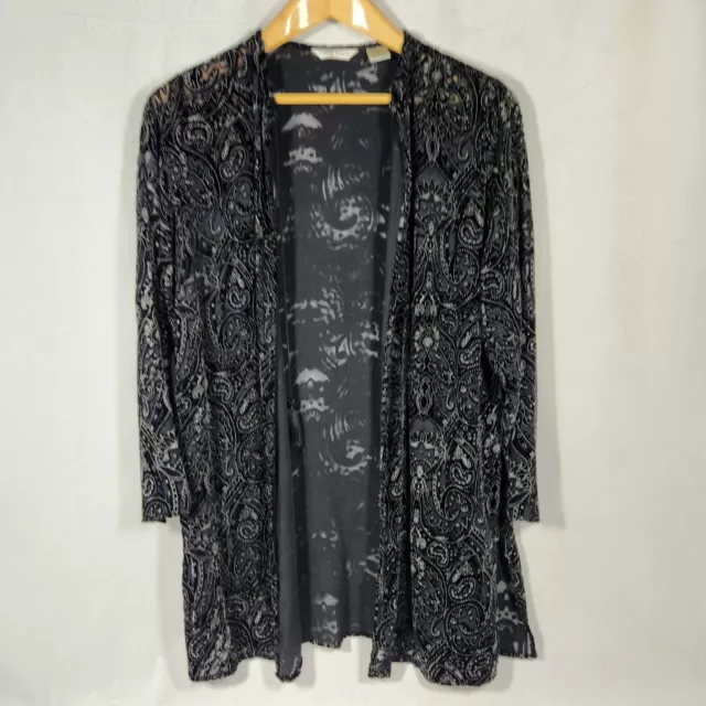 Laura Ashley Women's Sz M Silk Blend Open Front Jacket Cardigan Black Semi-sheer