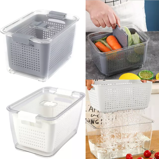2 Layer Kitchen Fridge Storage Box Drain Basket Lidded Fruit Vegetable Container