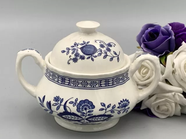 Enoch Wedgwood Blue Heritage - Vintage Blue and White Lidded Handled Sugar Bowl.