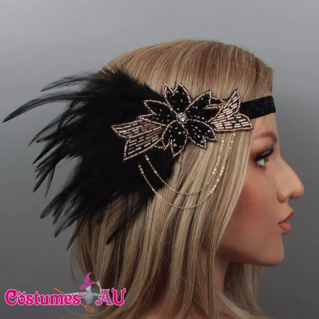 1920s Headband Black Feather Bridal Great Gatsby 20s Gangster Flapper Headpiece