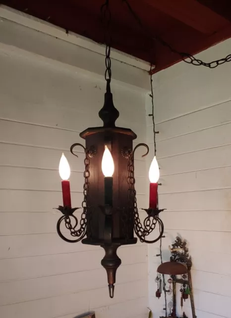 VINTAGE  Spanish Revival Wrought Iron & Wood Hanging Swag Lamp Lots Of Chain