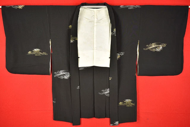 Vintage Japanese Kimono Silk Antique BORO Black HAORI Kusakizome Woven/A368/560