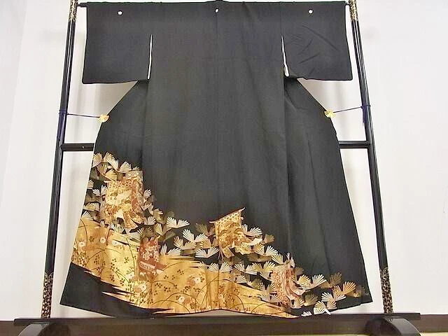 Japanese KIMONO TOMESODE/ Silk Black Crane/kimono accessories/Hanger/case/6items