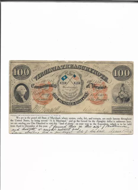 Rare 1907 Jamestown Expo $100 Confederate Souvenir Note on Postcard/Saginaw, MI