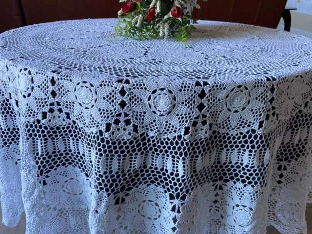 Vintage Handmade 100% Cotton Crochet Lace Tablecloth White/Ecru Round 4-8 seats