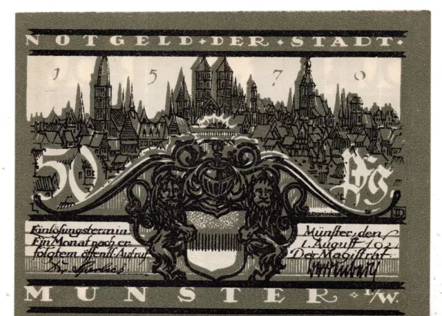 1921 Germany Notgeld Munster 50 Pfennig Note (PO15)