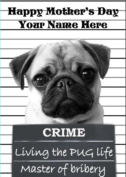 PUG A5 PERSONALISED Greeting Card Mother's Day Dog design PIDPUG2