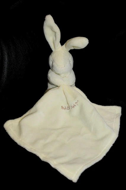 Doudou peluche lapin blanc écru avec mouchoir BABYNAT yeux brodé marron TBE