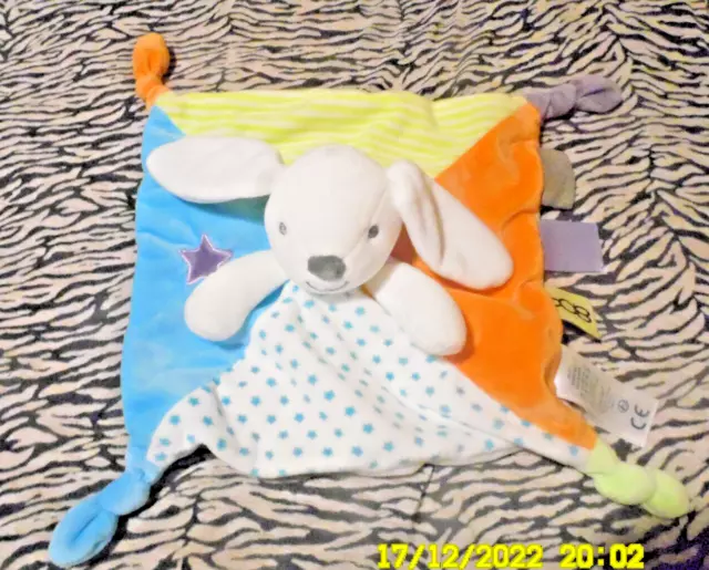 💗 Doudou Obaibi Okaidi Lapin Jaune Bleu Orange Etoile Plat Carre 28/28Cm Neuf