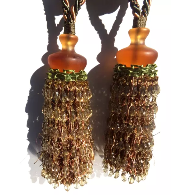 Three Amber Green Drapery Curtain Tassel Tie Backs with beads large 27 inches