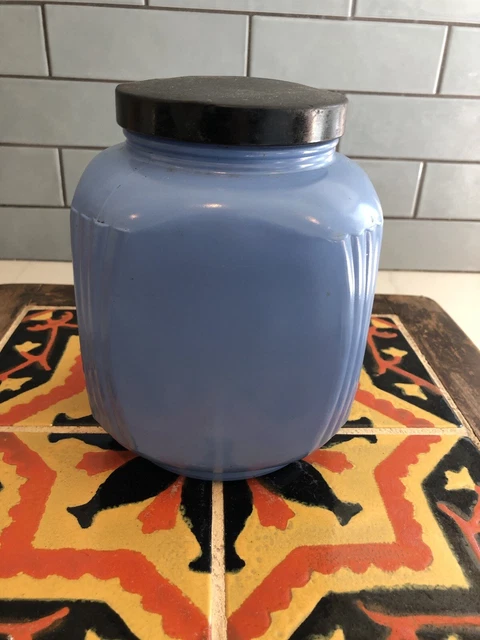 Hazel Atlas Fired On Blue Hoosier Canister Jar Art Deco Vintage Glass