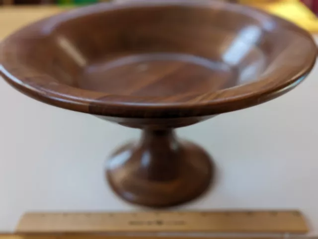 Vintage Walnut Hand Turned Wooden Bowl Footed Pedestal Mid Century by Quaker