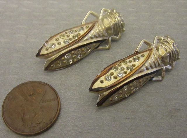 Pair vintage French Rhinestone Cicada Pins painted gold inset crystal cigales