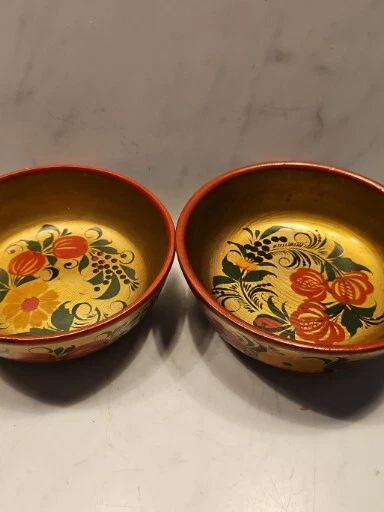 Khokhloma Decorativ Hand-painted Hand Carved Wooden Bowl X 3  Vintage USSR❤️