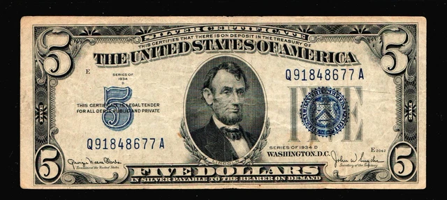 1934 D $5 Silver Certificates  Blue Seal