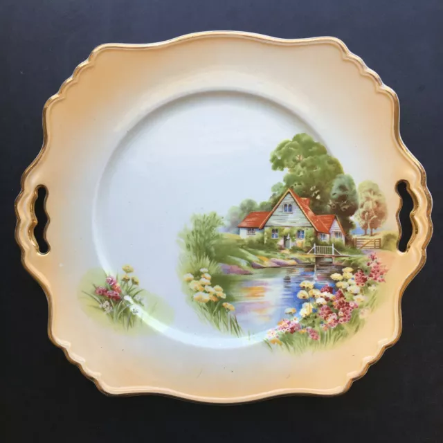 Grimwades Royal Winton Hand Painted Farmhouse Handled Cake Plate Made in England