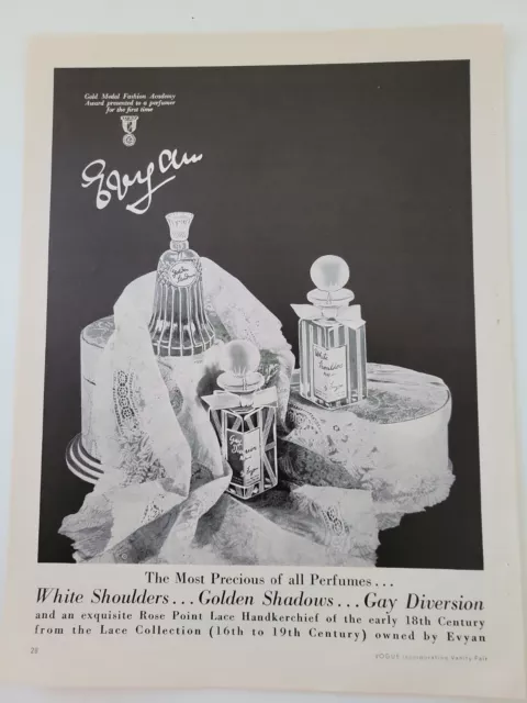 1951 Evyan White Shoulders Golden Shadows Gay Diversion perfume bottles ad