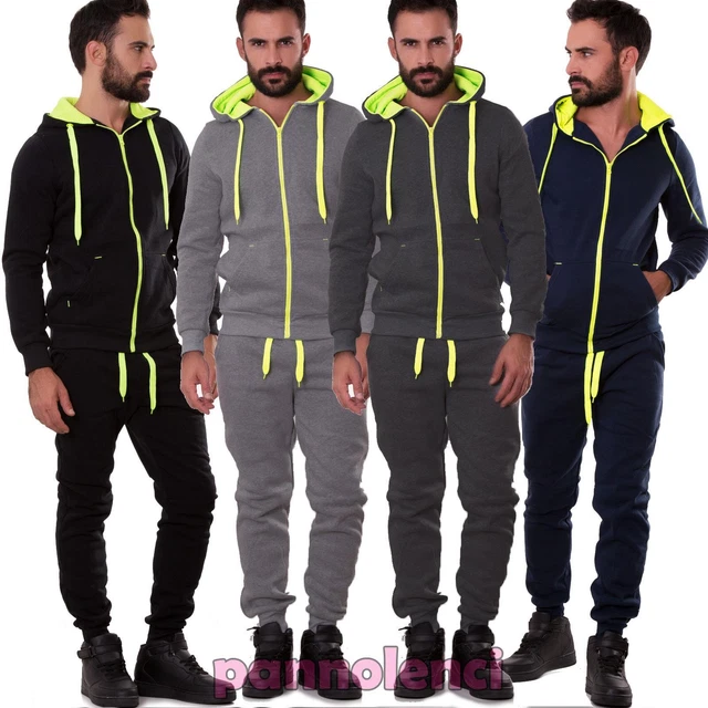 Tuta uomo pantaloni felpa cappuccio sport fluo zip cerniera nuova S6607