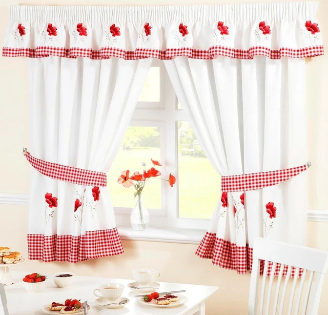 Tende da cucina rosse Poppy Gingham inc cravatte gratuite Pelmets vendute separatamente