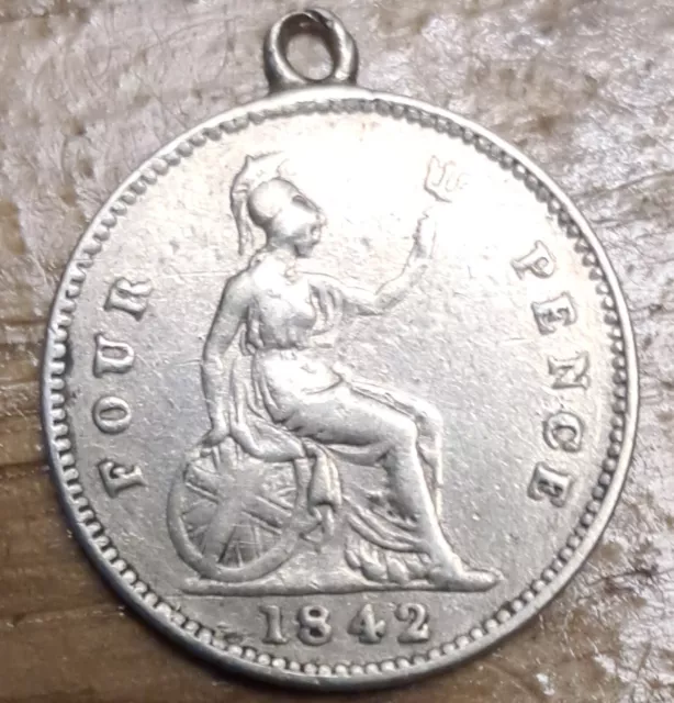 1842 Queen Victoria Young Head Silver Fourpence 4d Groat 1.8g Added Pendant Loop