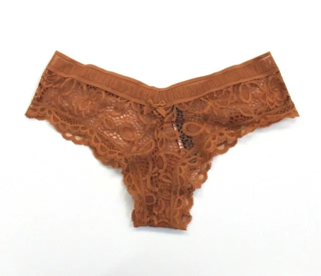 Victoria's Secret Crochet Lace Mesh Back Sheer & Logo Cheeky Panty Size S Bronze