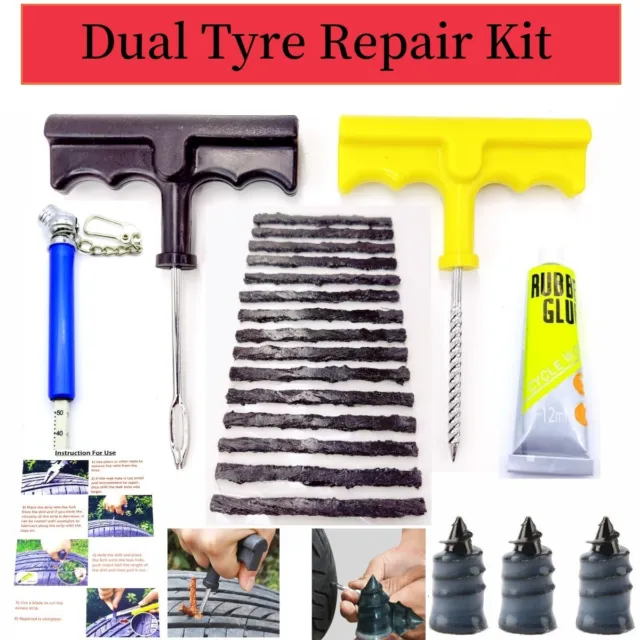 Dual Tyre Repair Kit Car Van Tubeless Tire Emergency Puncher Strips Plug Tool