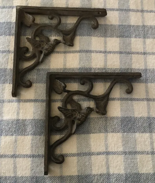 2 Cast Iron Antique Style HUMMINGBIRD Brackets, Garden Braces Shelf Bracket