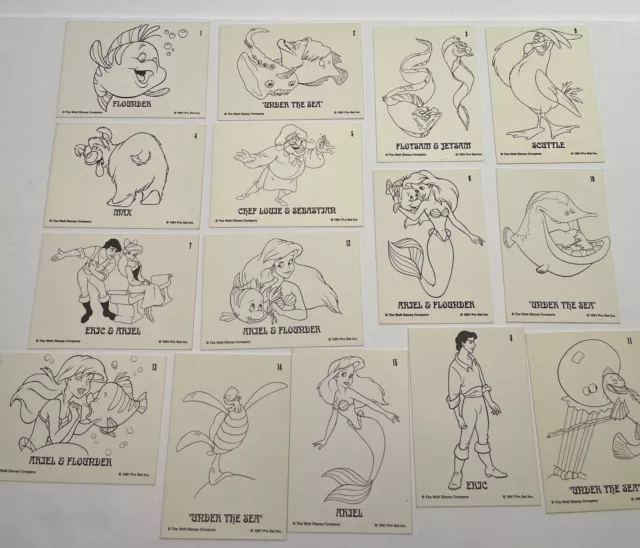 1991 Pro Set Walt Disney The Little Mermaid Color Me Set Front & Back, Lot Of 15