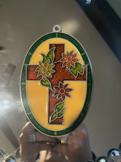 Vintage Christmas Decoration Stained Glass Window Hanger Red Cross Green Trim 5"