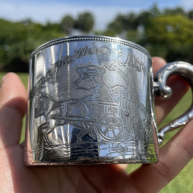 Antique Webster THIS LITTLE PIG WENT TO MARKET Quadruple Plate Shaving Mug Cup