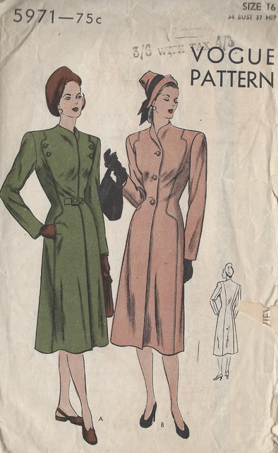 Patron De Couture Vogue Vintage Années 1940 - Manteau Femme Taille B34 - Neuf, Non Découpé