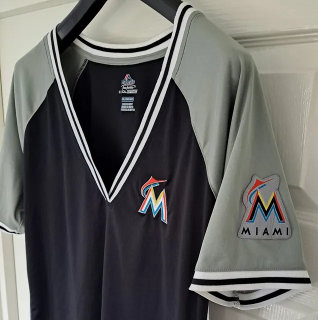 NEU Majestic Miami Marlins Baseball-Trikot MLB coole Basis schwarz/grau Damen 2XL