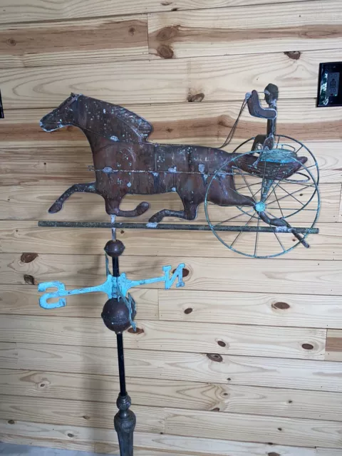 Antique 32" Copper Horse & Sulky Weathervane w/ Jockey & Directionals
