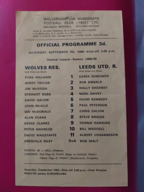 WOLVERHAMPTON WANDERERS RESERVES v LEEDS UNITED RESERVES 1968/9