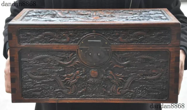 old Chinese dynasty huanghuali wood carving Dragon storage box container chest