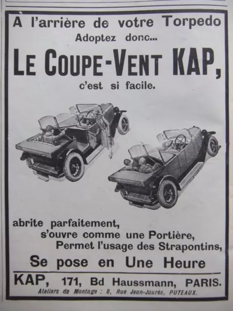 Publicité De Presse 1925 Le Coupe-Vent Kap A L'arrière De Votre Torpédo