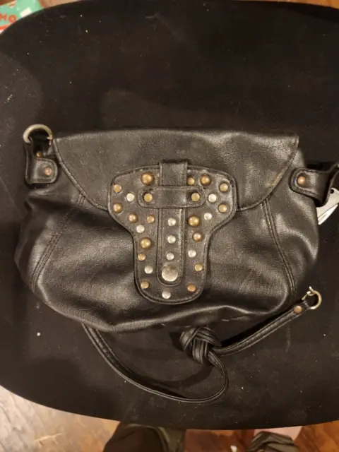 Candies Small Black Faux Leather W/gold Tone Studs & Chain Link Strap Crossbody