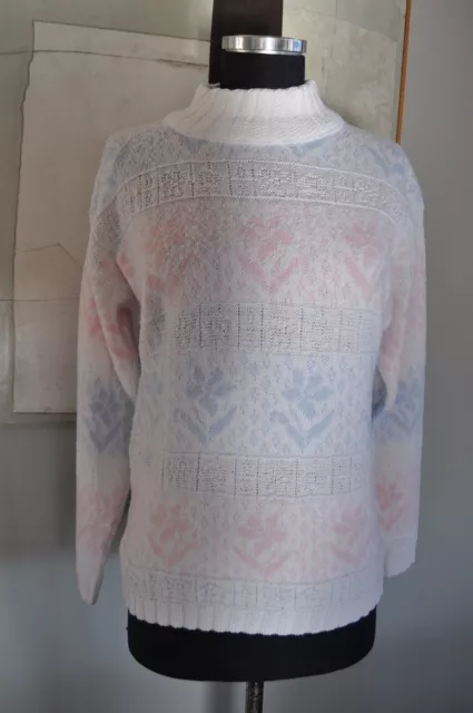 Vintage 1980’s Pastel Sweater Women’s Size Large White Pink Blue Long Sleeve