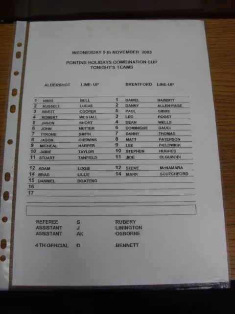 05/11/2003 Aldershot Reserves v Brentford Reserves [Combination Cup] (Black & Wh