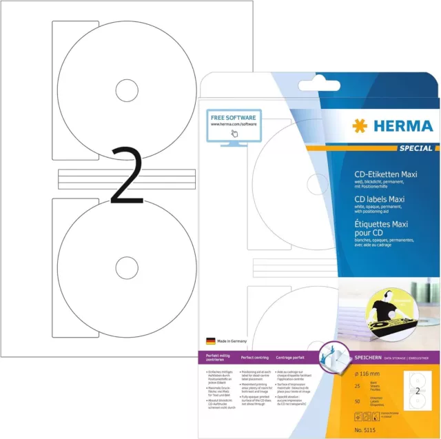 HERMA 5115 CD DVD Etiketten blickdicht, 25 Blatt, Ø 116 mm, selbstklebend, bedru