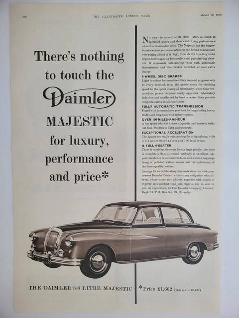 Daimler 3.8 Litre Majestic Luxury Car Print Ad UK Original 1959 ILN ~9.5x14.5"