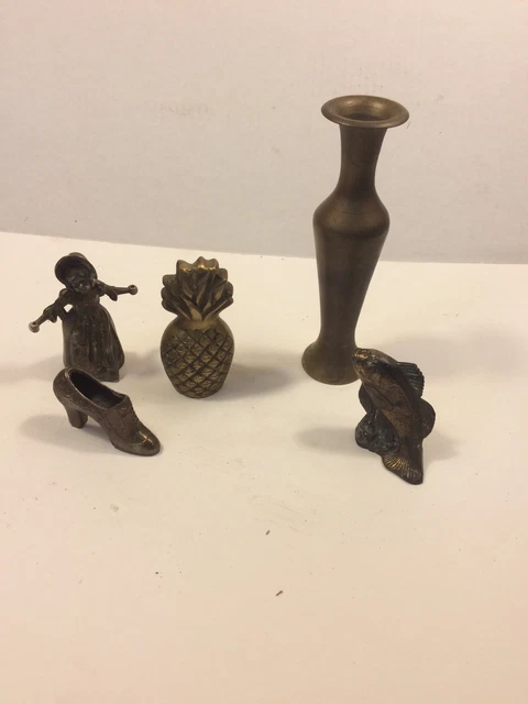 Vintage brass lot Of 5 Vase,fish Pineapple,shoe,girl