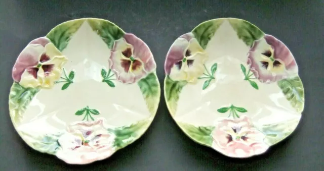 2 Pc ANTIQUE H & Boulanger Choisy le Roi FRANCE 8" PANSIES MAJOLICA PLATES[As Is
