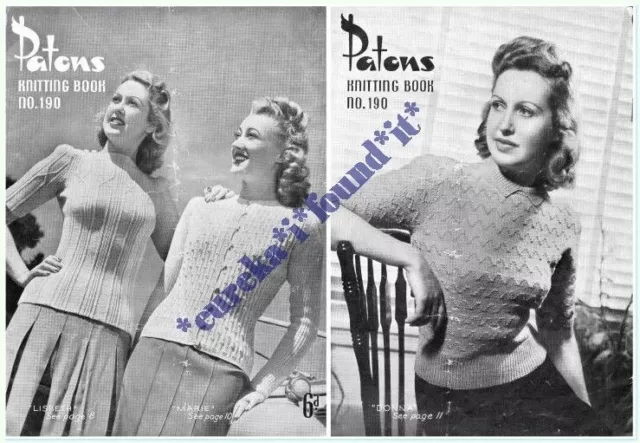 PATONS VINTAGE #190 LADYS' KNITTING PATTERNS 32 to 34 inches 80 to 85cms c1940's