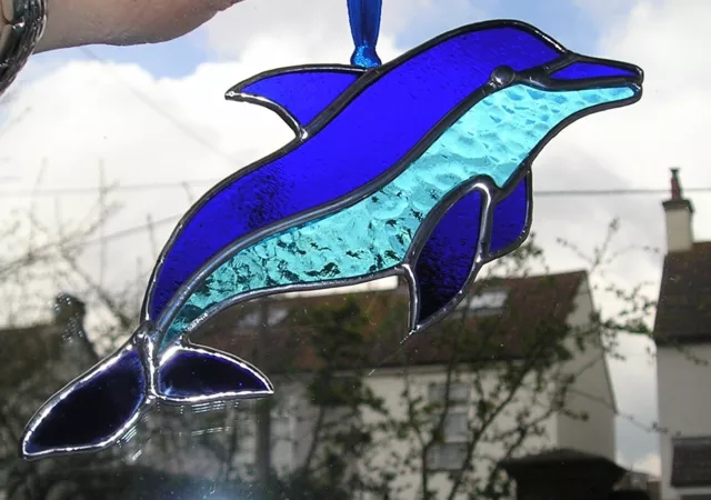 Stained Glass Blue Dolphin Suncatcher Handmade in England
