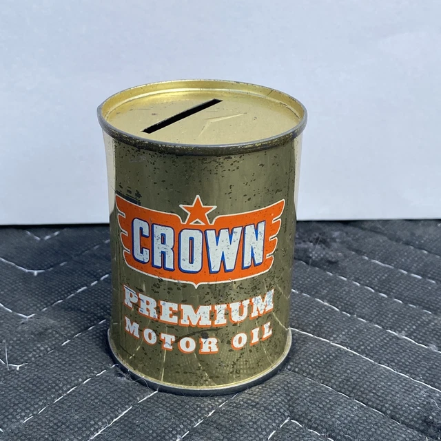 1960's Crown Motor Oil Advertising Can Metal Bank New 4oz size NOS