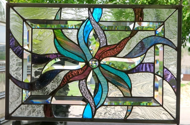 Abstract Stained Glass Transom window hanging 21 X 15   incl hooks