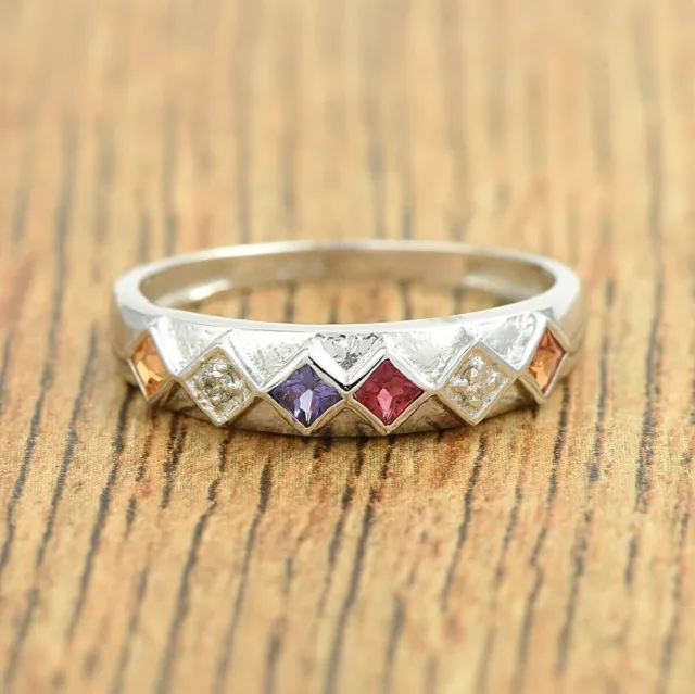 925 Sterling Silver Natural Multi Sapphire Square Cut Gemstone Ring Jewelry