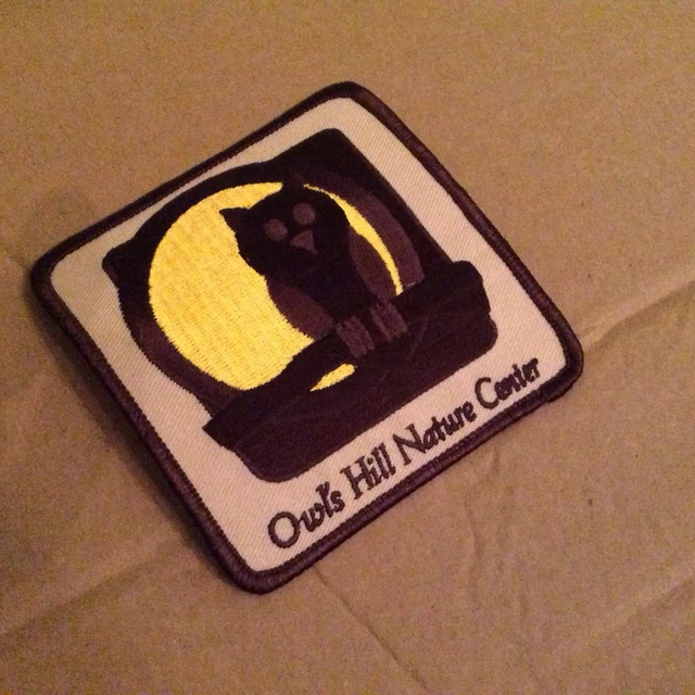 Owl's Hill Nature Center new sewing craft nocturnal owl patch brown yellow 3.5”